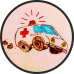 StudiAid Firmenlogo aus einem Zeichentrick - Rettungswagen und orangenem Kreuz mit Abschlusshut
